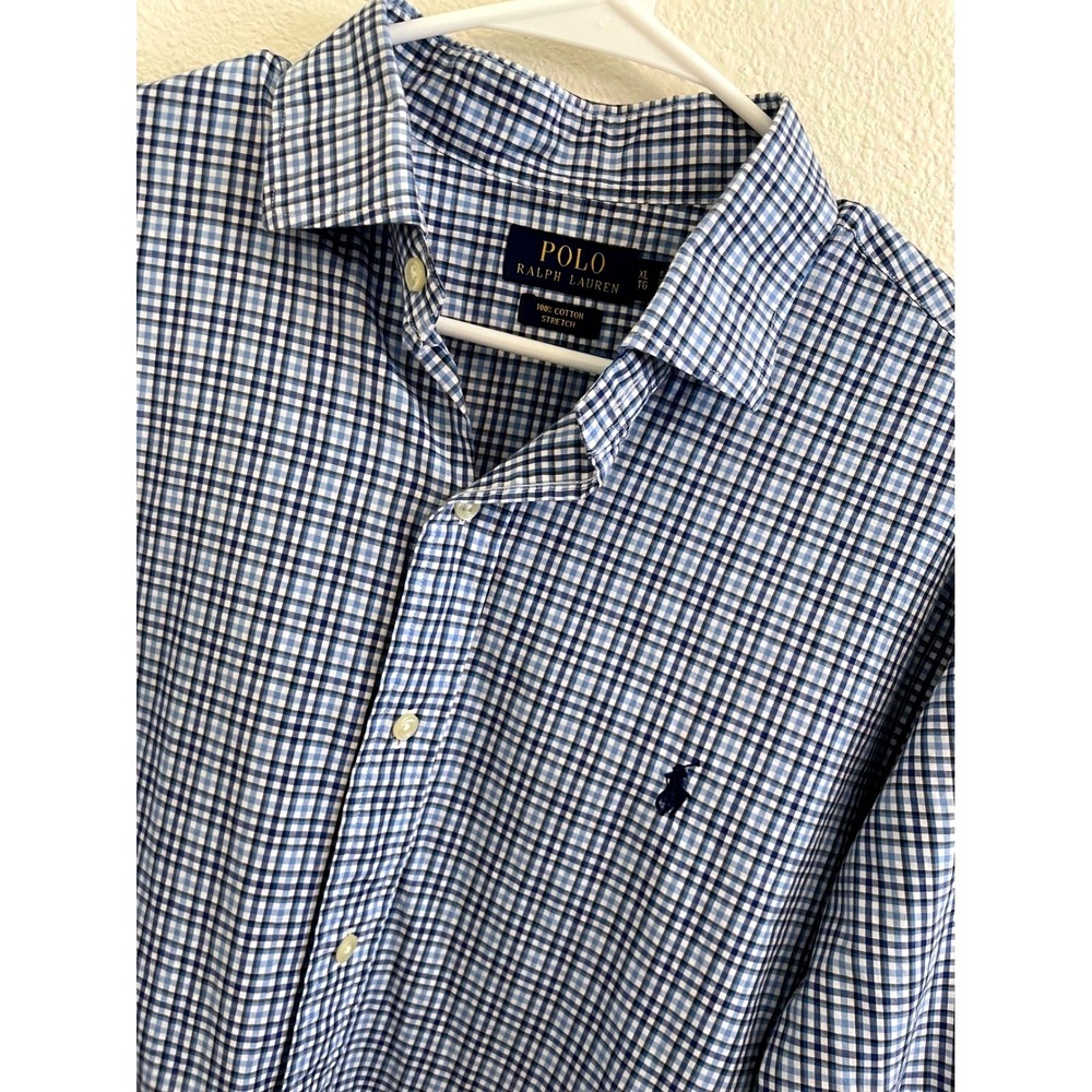Polo Ralph Lauren Men's XL Blue Black Gingham Check Stretch Button Down Logo‎